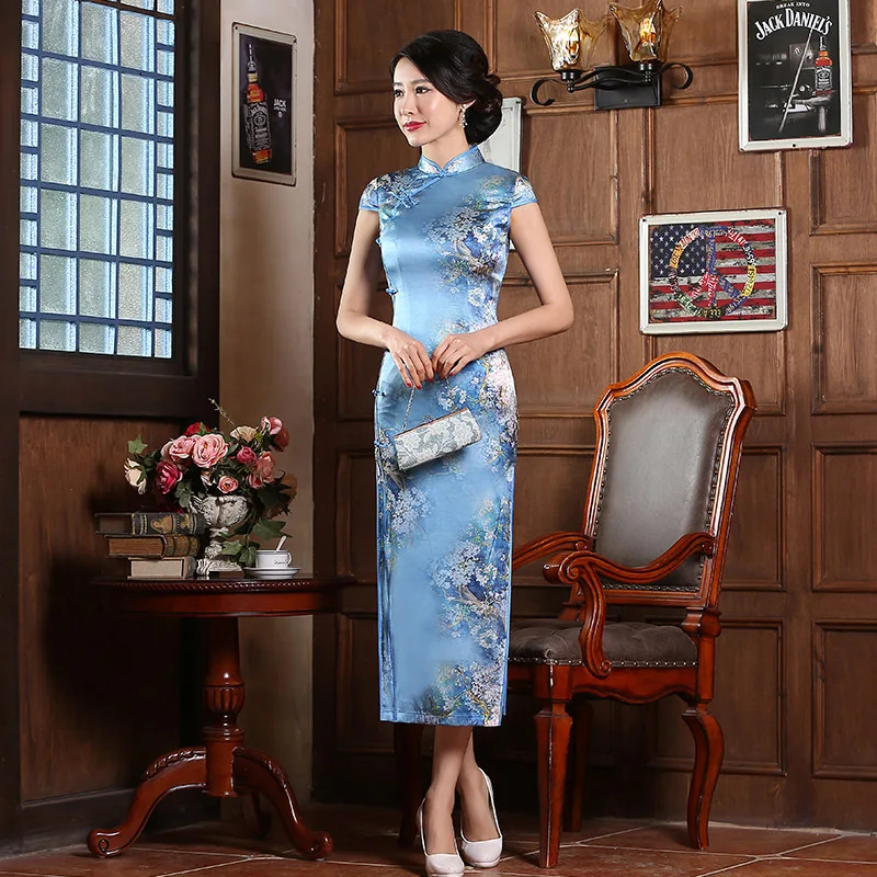 Весна шелк Cheongsam оптовая продажа Длинные китайское традиционное платье с цветочным принтом без рукавов Qipao вечернее платье с высокими