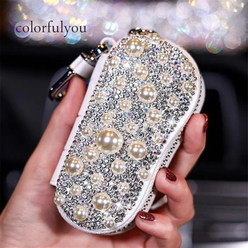 

Female Diamond Pearl Car Key Wallet Genuine Leather Car Keychain Bag With Metal Buckle Female Housekeeper Keys Organizer