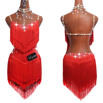 

Sparkly Rhinestones Latin Dance Dresses For Women S-L Red Sexy Salsa Fringe Skirt Evening Dress Ballroom Competition Clothes
