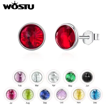 

WOSTU Pure 925 Sterling Silver 12 Color Crystal Droplet Birthday Stone Stud Earrings For Women Fine Jewelry Accessories Gift