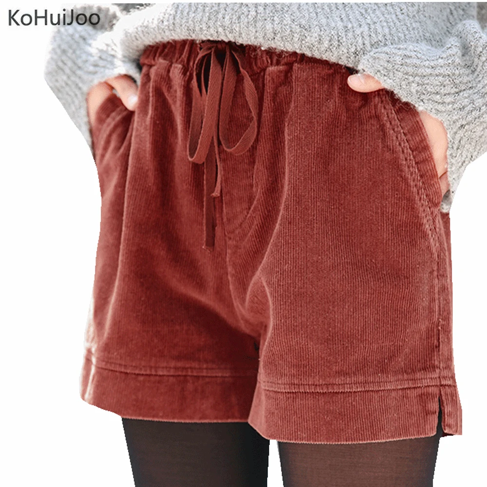 KoHuiJoo Women Corduroy Shorts Autumn Winter Solid Elatic Waist Casual
