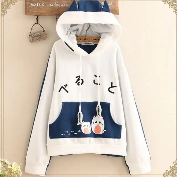 Японский Harajuku мультфильм Кот Толстовка с капюшоном женские хлопковые толстовки