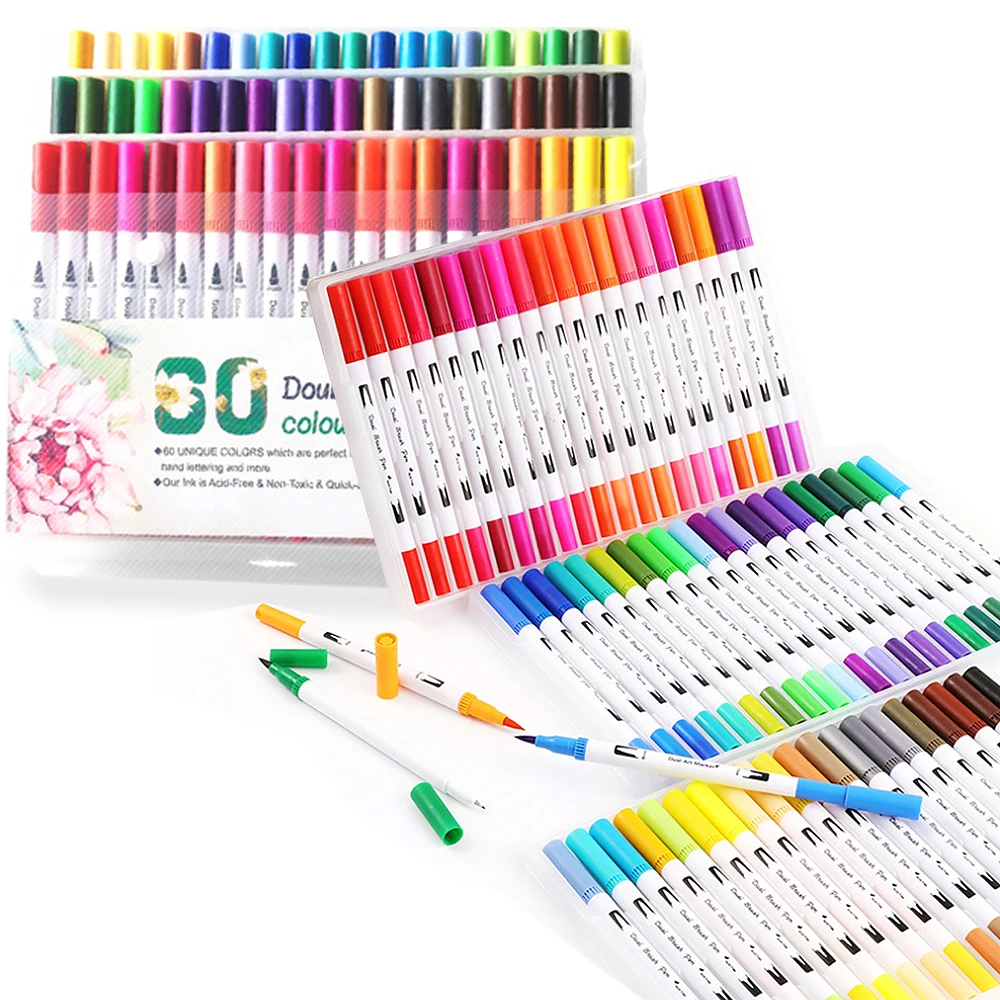 

60pcs Dual Tip Brush Pen Marker Set Fineliner Brush Tip Drawing Pens Watercolor Coloring Calligraphy Bullet Journal Art Projects