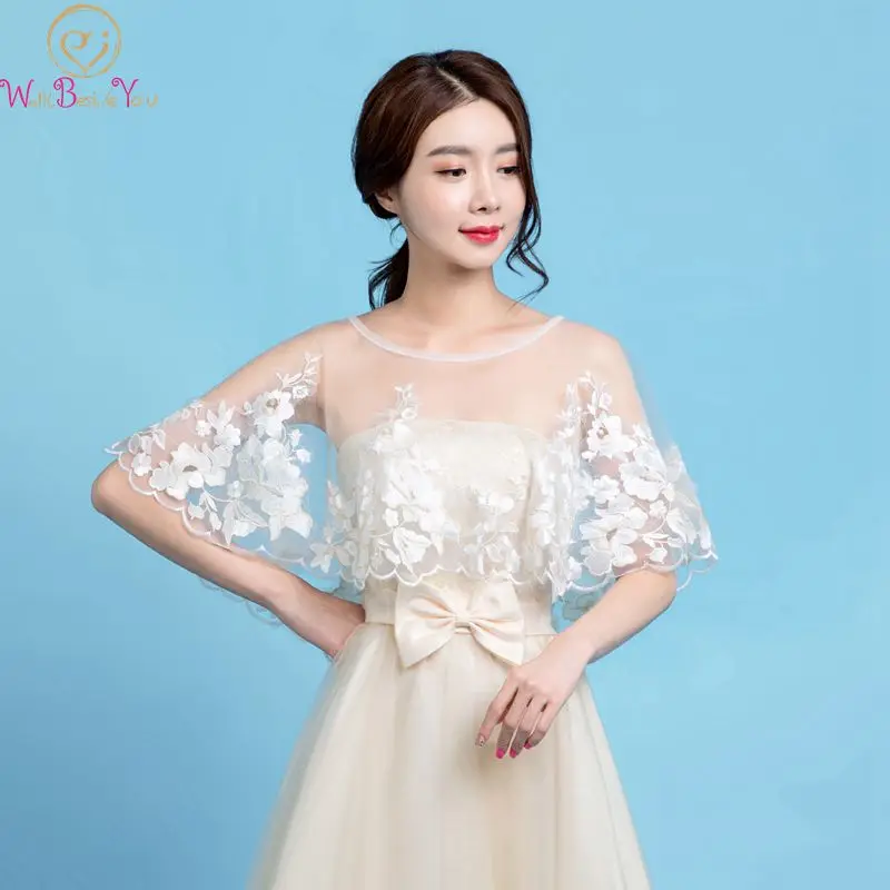 

New Arrival Formal Woman Wraps Elegant Tull Ivory Applique Flower Sheer Summer Soft O Neck Evening Wedding Party Shawls 2019