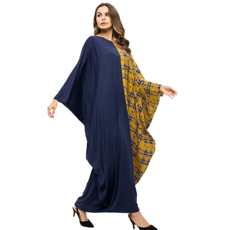 Женское мусульманское платье abaya с круглым вырезом и рукавами «летучая мышь», свободные клетчатые Лоскутные контрастные цветные халаты