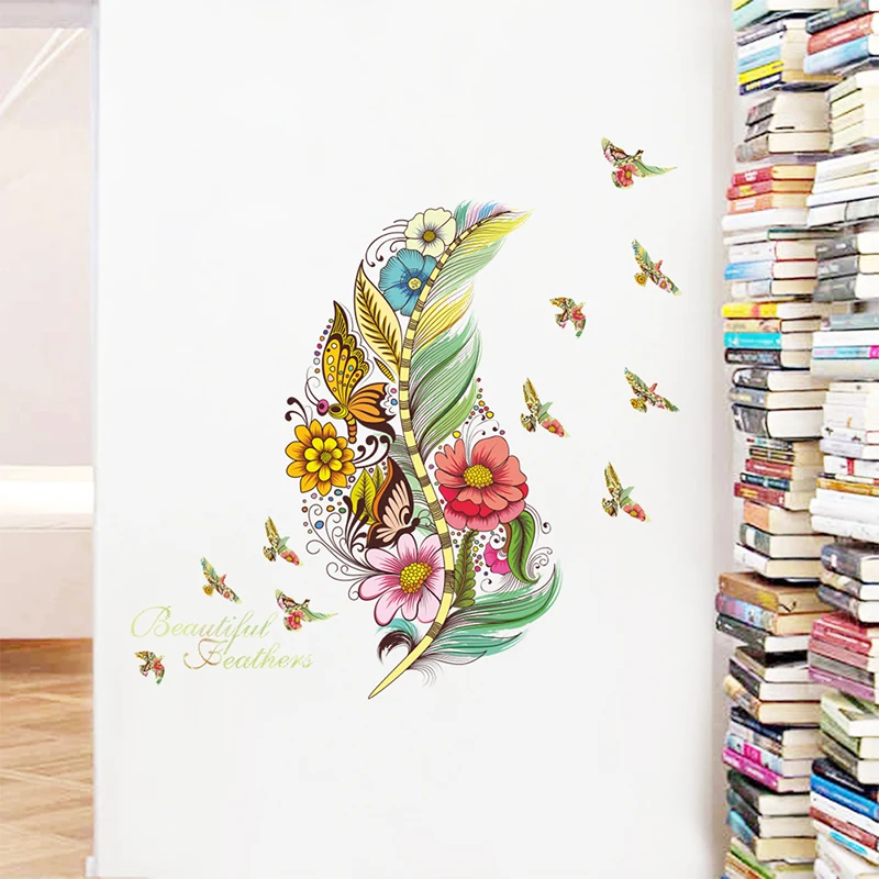 

3D Vivid Feather Butterfly Bird Flower Wall Stickers Home Decoration Living Room Indian Wallpapers PVC Wall DIY Mural Art Decals