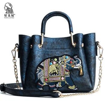 

Fashion Women Handbags 2018 Ladies Soft Pu Leather Shoulder Bag Chains Embroidery Elephant Top-handle Bags Women Casual Tote Sac