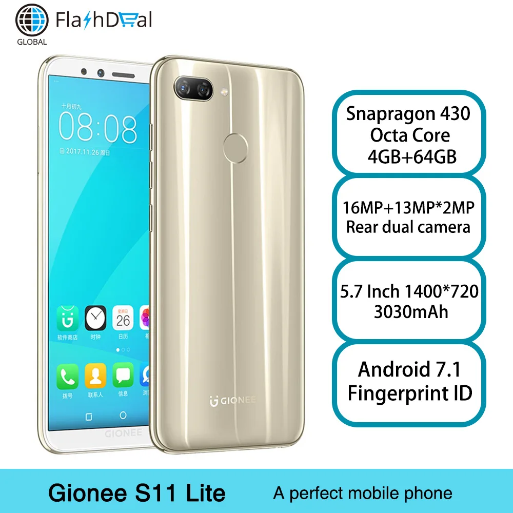 

Global Version Gionee S11 Lite Android 7.1 Mobile Phone Snapdragon 430 Octa Core 5.7 Inch Fingerprint ID 4GB 64GB 4G Smartphone