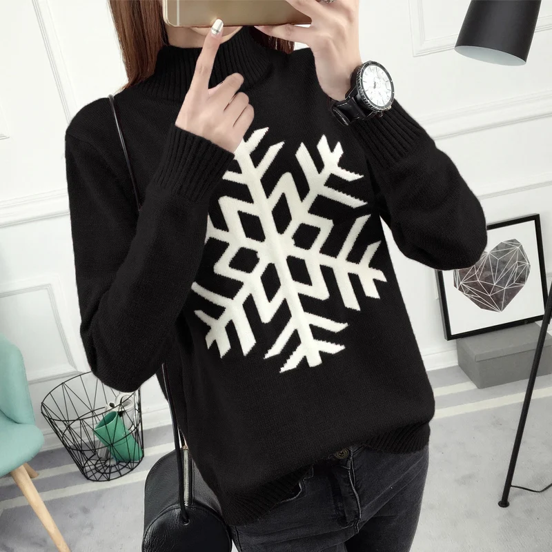 

2017 Women Sweater Fashion Mockneck Long Sleeve Snow Pattern Base Bottoming Sweaters Winter Thick Warm Loose Knitted Pullovers
