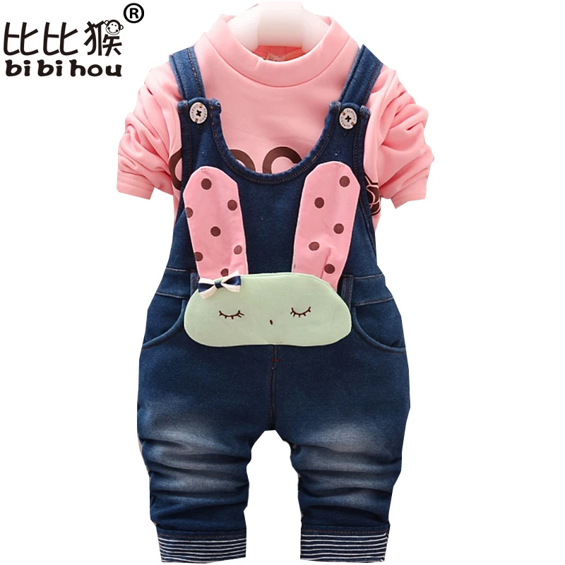 Children winter Autumn Baby Girls Rabbit Thick Clothing Sets Kids T shirt Denim Jeans Belt Pants 2pcs Warm Clothes Set Tracksuit new 3pcs children clothes set fashion t shirt denim pants headband autumn clothing sets for girls jeans crianca roupas
