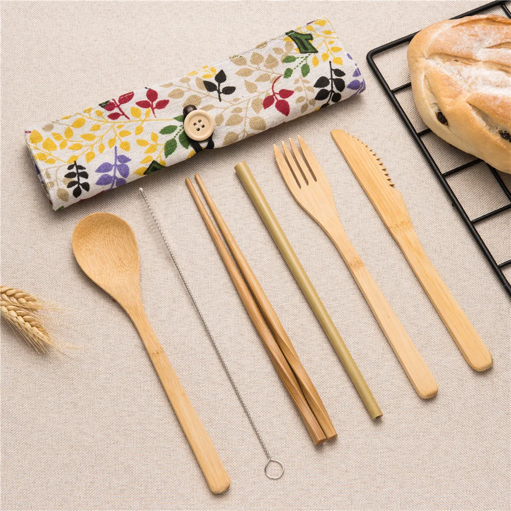

Wooden Dinnerware Set Portable Cutlery Wooden Chopsticks Fork Knife Spoon Set Straw Brush Cloth Bag Travel Eco Dinnerware Set