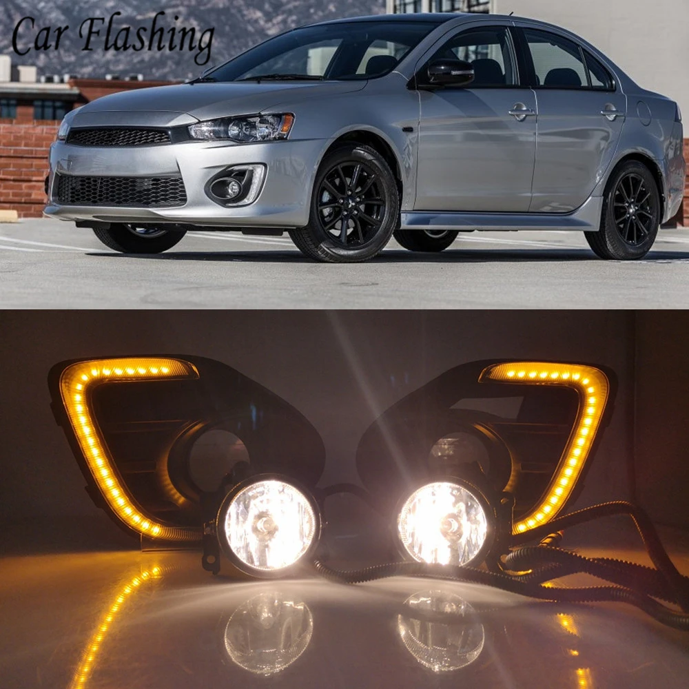 

Car flashing 1Pair Fog lamp For Mitsubishi Lancer 2016 2017 2018 2019 12V LED Daytime Running Light DRL Lamp with yellow signal