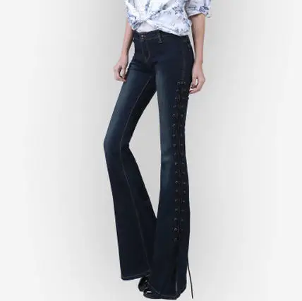 Женские джинсовые расклешенные брюки со средней талией, модные дизайнерские Облегающие расклешенные брюки, брюки W421 - Цвет: deep blue