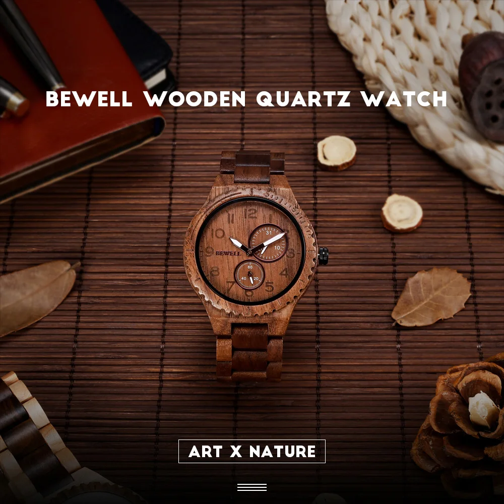 BEWELL ZS - W154A Male Wooden Watch Calendar Luminous Pointer Natural Wristwatch for Men