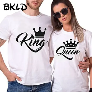 

BKLD 2018 Summer Fashion King Queen Crown Letters Print T-Shirt Men Women Valentine Shirt Casual Funny Couples T Shirt Matching
