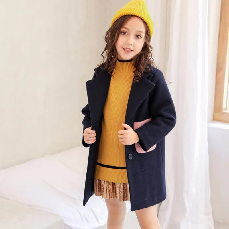 

Fashion Brand Winter Girl Coat Solid Color Woolen Coat Navy Blue Autumn Children's Clothes Comfortable Casual Girl's Clothing
