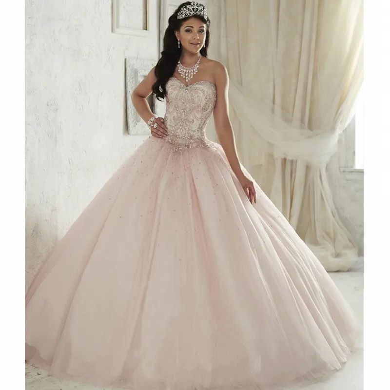 

Beautiful Light Pink Quinceanera Dress 2020 Vestido de 15 nos Tulle Sweet 16 Dresses Sweetheart Rhinestone Girls Debutante Dress