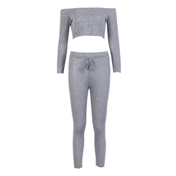 

Women Clothes Set Ladies Tracksuit Hoodies Crop Tops Pants Sets Wear Casual Suit Solid Gray 2Pcs Pajamas