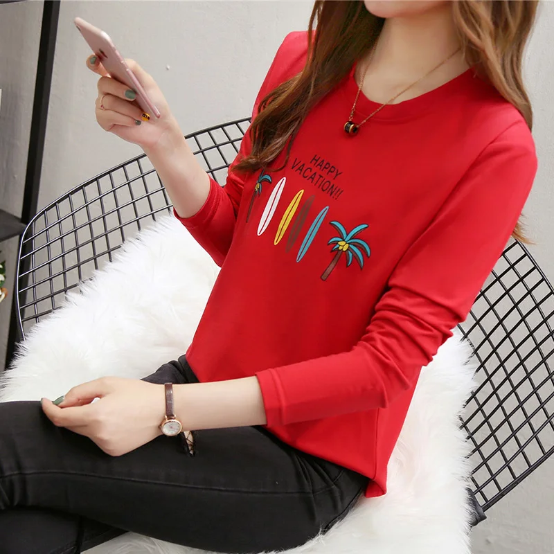 Осенняя Женская хлопковая тонкая футболка, Повседневная Свободная серая полосатая футболка с длинным рукавом, женские топы в Корейском стиле размера плюс 3XL 4XL 5XL - Цвет: MeiY 515 hong