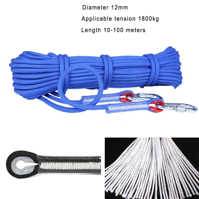 

Professional Climbing Cord 12mm Diameter 18KN 10-100 meters High Strength polypropylene Paracord Safety Rope with 2pcs Buckle