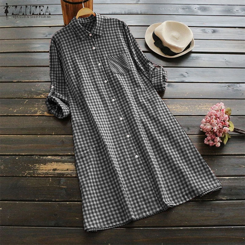 

S-5XL ZANZEA 2019 Summer Dress Women Cotton Linen Vintage Check Plaid Mini Beach Dresses Bottons Pockets Casual Shirt Vestido
