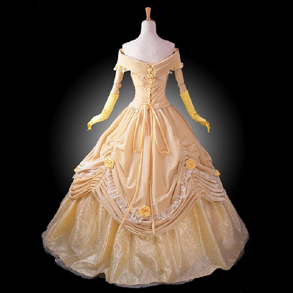 Для женщин принцесса Белль платье до косплэй красота и чудовище костюм для взрослых велюр Пром слоистых Желтый Вечерние партии Quinceanera