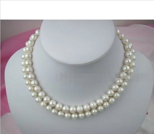 

FREE SHIPPING beautiful 2 row natrual 9-10mm white pearl necklace jewelry (A0511)