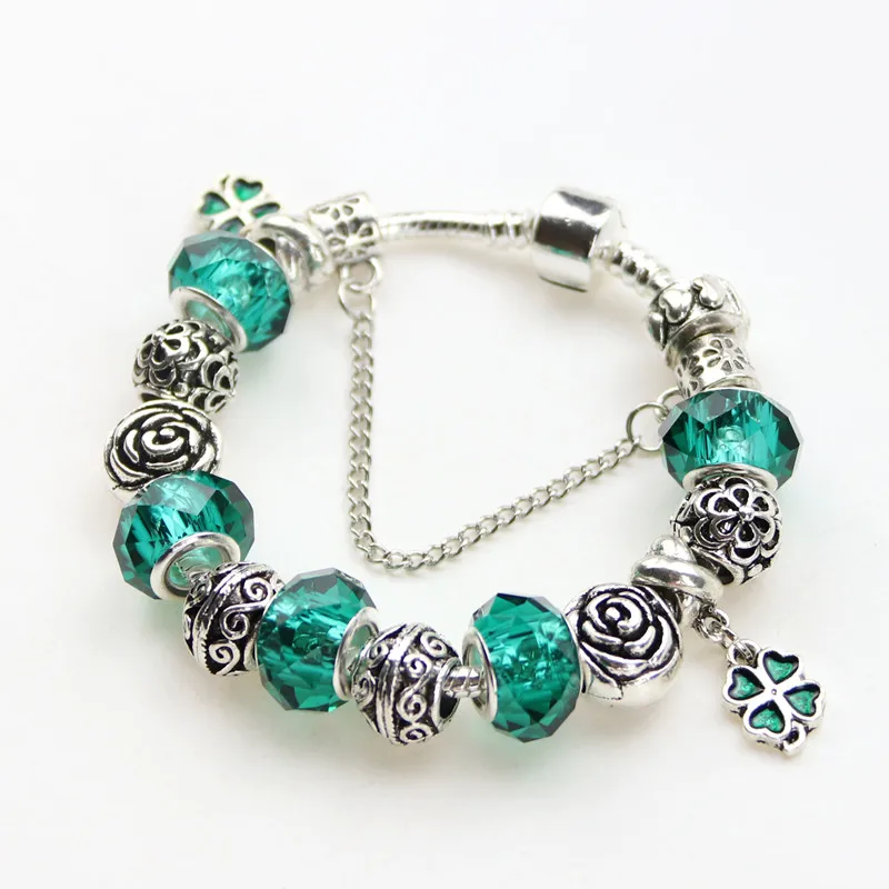 

Silver Plated Female Cute Fashion Elegant Charm Pandora Bracelets & Bangles With Green Chamilia Beads Women Charm Bracelet
