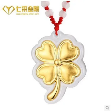 2014 Hot Selling! Chinese style Luck Clover jade &amp pure gold pendant with red line Free shipping | Украшения и аксессуары