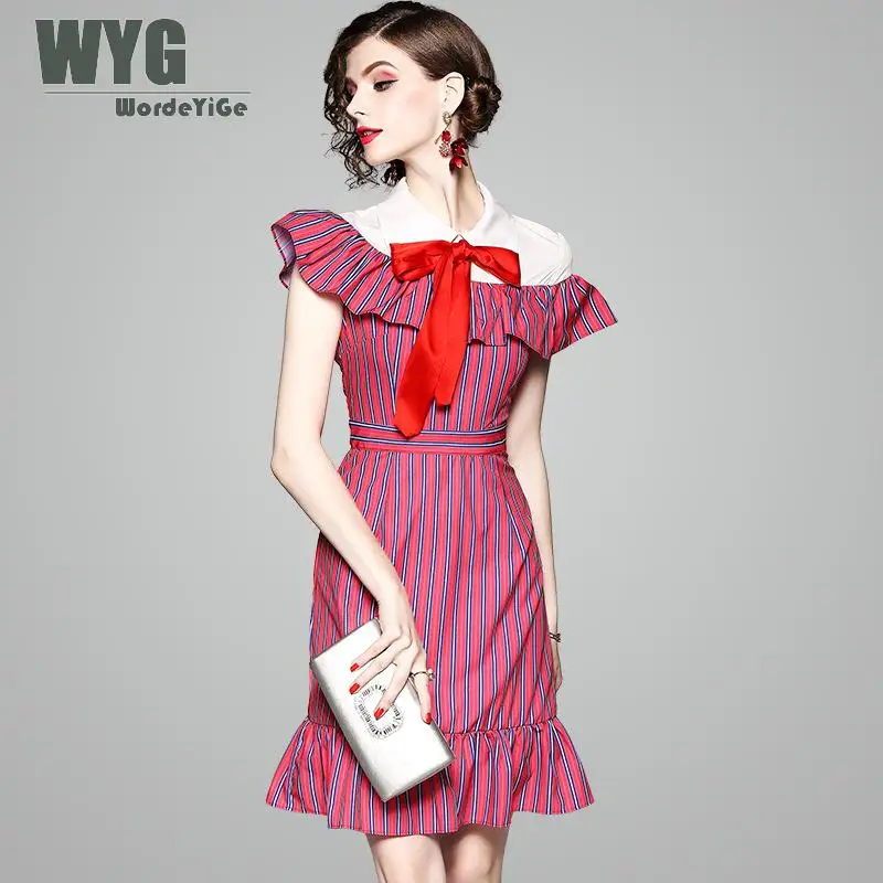 High Quality Boho Dress 2018 Summer Contrast Red Bow Tie