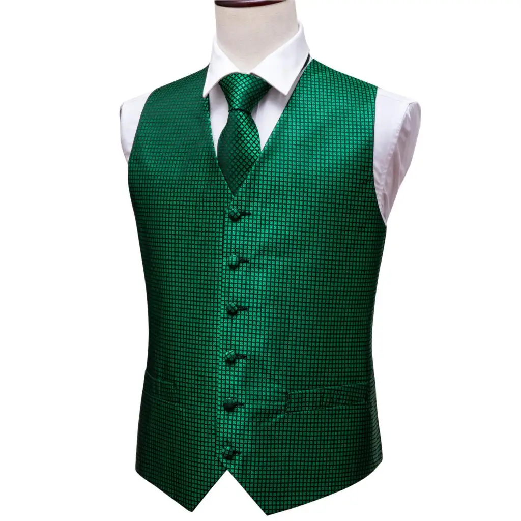 Зеленый костюм жилет мужской Пейсли жилет плед Шелковый Галстук платок Запонки для свадьбы летние жилеты смокинг MJ-2004 Барри. Ван
