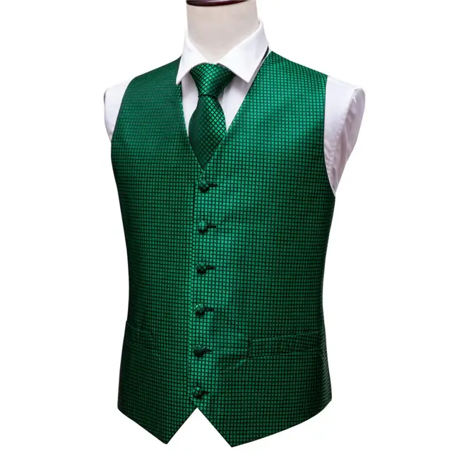 Green Suit Vest Men Paisley Waistcoat Plaid Silk Tie Handkerchief