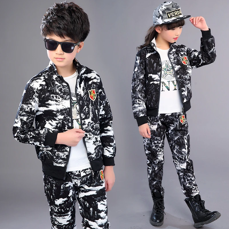2021 Spring Fall New Children Camouflage Suit Boys Military Uniform Girls Sport Clothes Kids Jacket + Pants 2 Pcs Tracksuit X158 | Детская