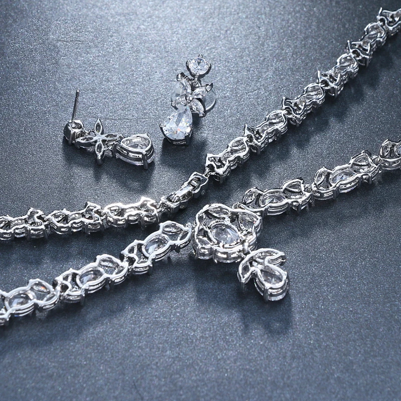 GMGYQ Мода Кристалл циркония серьги цепи браслеты 3 st набор украшений для женщин Свадебные платья аксессуары