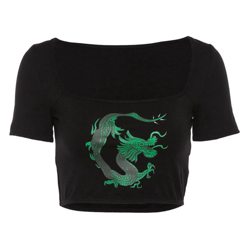 

Summer Women T-Shirt Sexy Square Collar Crop Tops Female Dragon Print Casual Short Sleeve Tee Tops