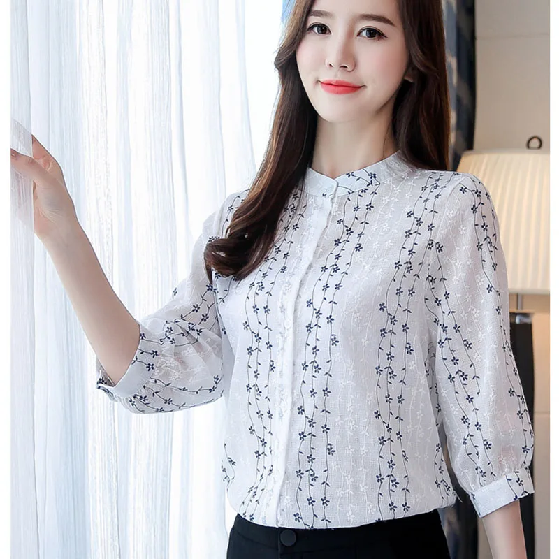 Women Spring Summer Style Chiffon Blouses Shirts Lady Casual Mandarin Collar Half Chiffon Blusas Tops Feminina DF1713 Blouses