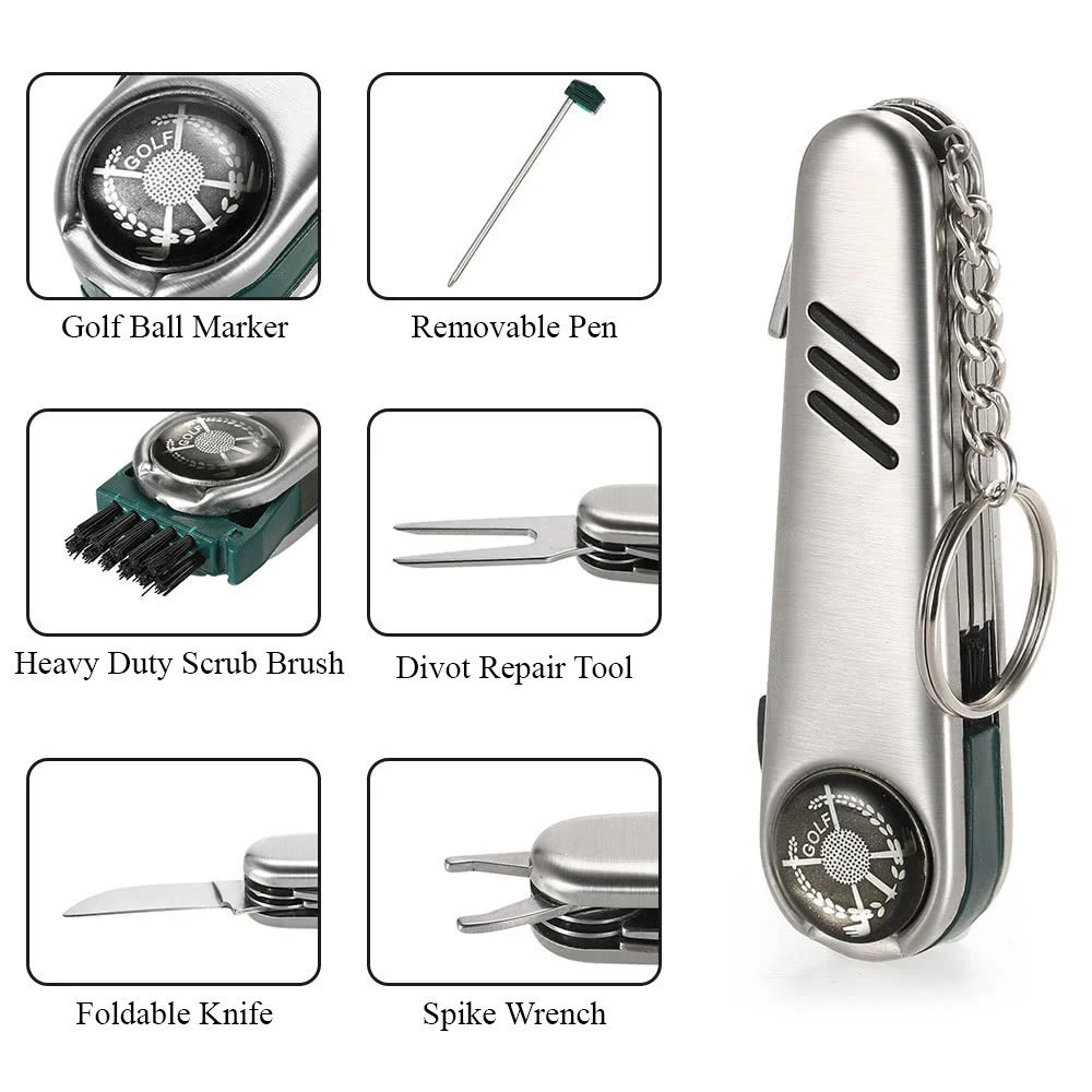 Multi-function golf tool,features a golf ball cleaner brush, ball marker, cleat tightener, club cleaner & divot repair Multi-function golf tool,features a golf ball cleaner brush, ball marker, cleat tightener, club cleaner & divot repair