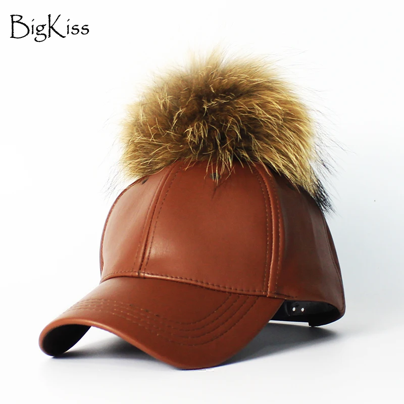 

2016 Women's Winter Hat PU Leather  Pom Pom Cap Leather Hat With Fur Ball Female  Visor Fitted Lady Female Baseball cap Pom Pom