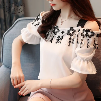 

New 2018 Summer Sweet Fashion Chiffon Women Blouses Shirts Short Sleeve Women Tops Slash Neck Female Clothing Blusas D836 30