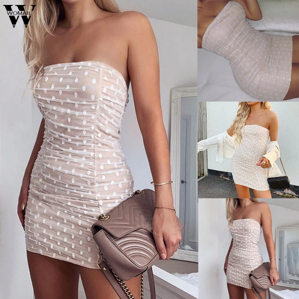 

Womail dress Sexy Party Fashion Off Shoulder Dot Print Mesh Mini Dress Sleeveless Casual Ladies Elegant Holiday vestidos J715