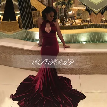 Elegant Long Prom Dresses 2017 Sexy High Neck Trumpet Girl Black Backless Mermaid Velvet Burgundy African Prom Dress