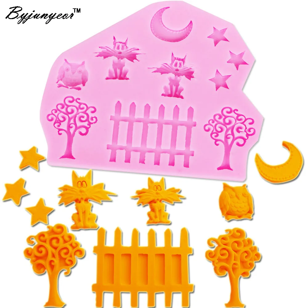 

M102 Small Garden Cake Mold Silicone Cat Moon Star Tree Fences Owl Shape Fondant Mold Sugar Baking Craft Cake Decorating Tool