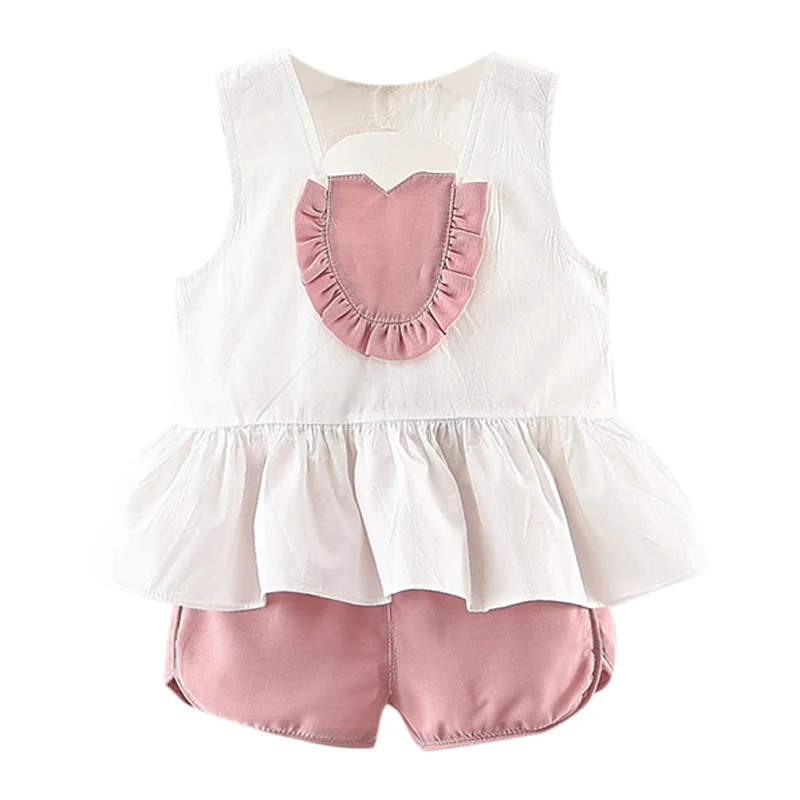 

Cotton Solid Color Round Collar Baby Girl Cute Sweet Concise Casual All-match Solid Color Sleeveless T-shirt&short Pants Set