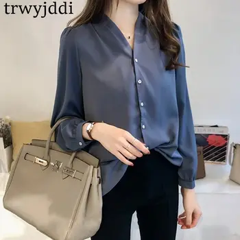 

2020 Spring Summer new Large Size Women's Clothing Korean V-neck Chiffon Shirts Girls loose Long-sleeved Shirt N491