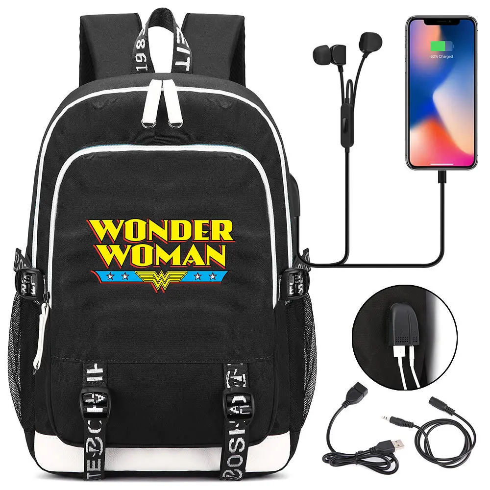  DC Wonder Woman USB Backpack Laptop Bags Cosplay Comics Superhero Kids Teens Shoulder Travel Bags S