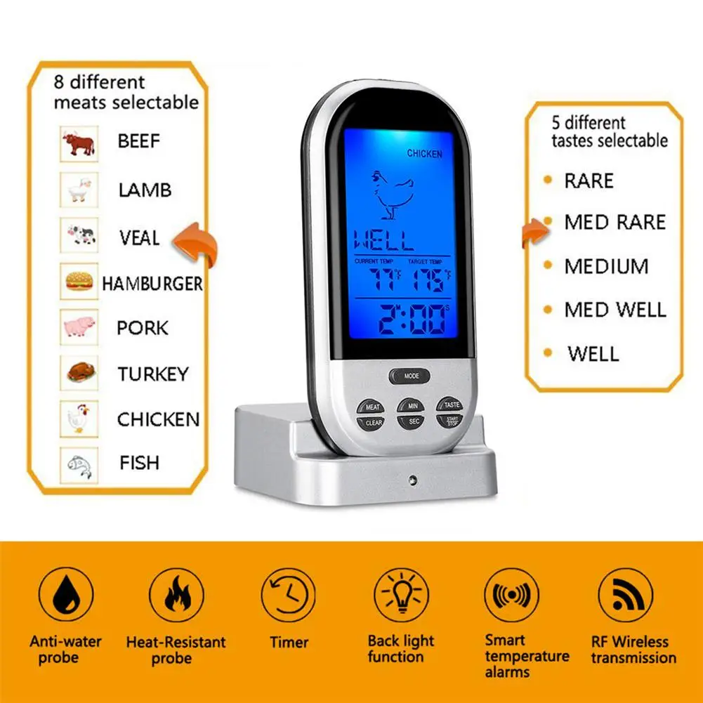

45# Wireless Food Cooking Thermometer LCD Display Barbecue Timer Digital Gauge Kitchen Cooking Thermometer