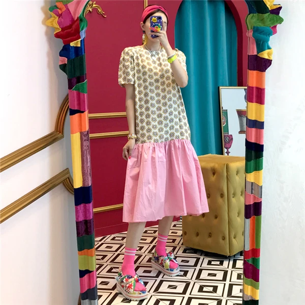 RUGOD модное женское платье в Корейском стиле с геометрическим принтом и круглым вырезом; шикарное платье с оборками и пышными рукавами; милые женские летние платья vestidos - Цвет: Розовый