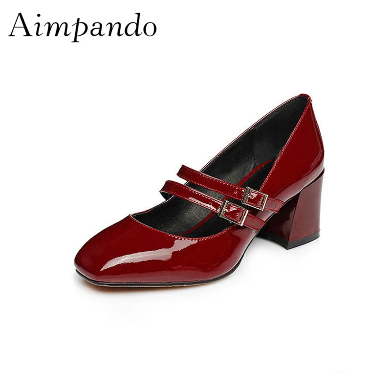 

Mary Janes 2018 New Spring Shiny Patent Leather Sweet Low Fronted Square Toes Chunky Heel Buckled Women Shoes