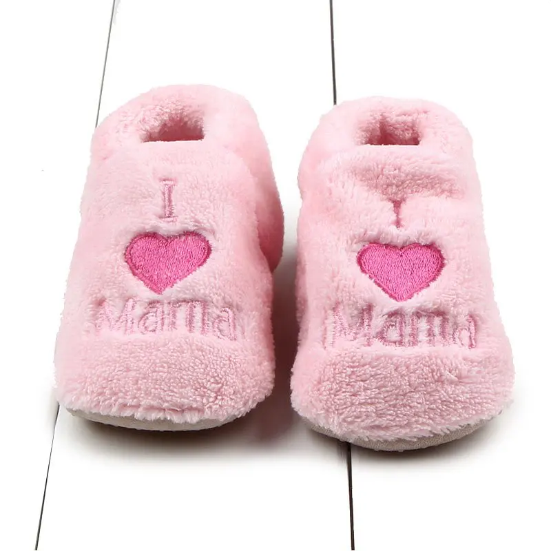 

Soft Cozy Coral fleece Baby shoes Toddler Kids Boy Girls Heart&Letter Pattern Warm Crib First Walkers Skid-proof Shoes 0-1Y