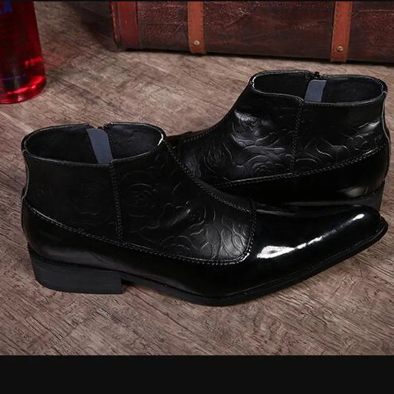 

Black solid bota masculina army boots pointed toe zipper flats autumn winter work shoes male military dress chelsea punk shoe